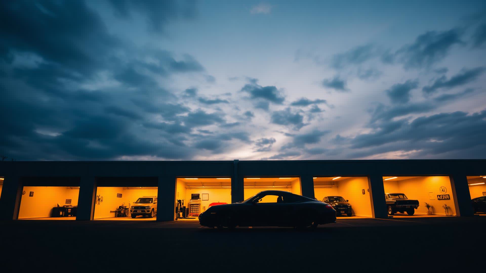 Beleuchteter Premium-Garagenpark in der Abenddämmerung